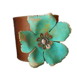 Teal Flower Leather Cuff